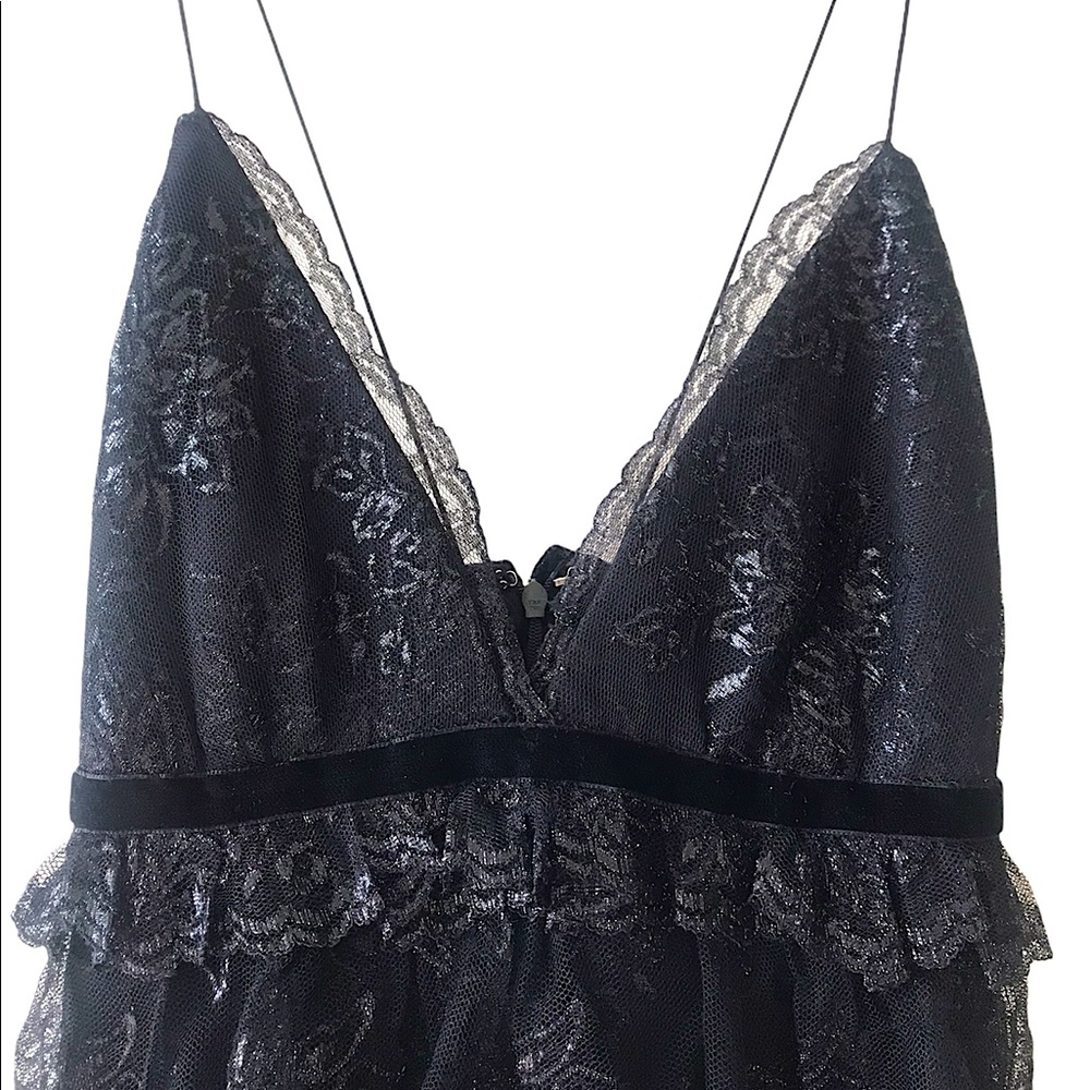 Marchesa Black Shimmer Lace Tiered V- Neck Dress
